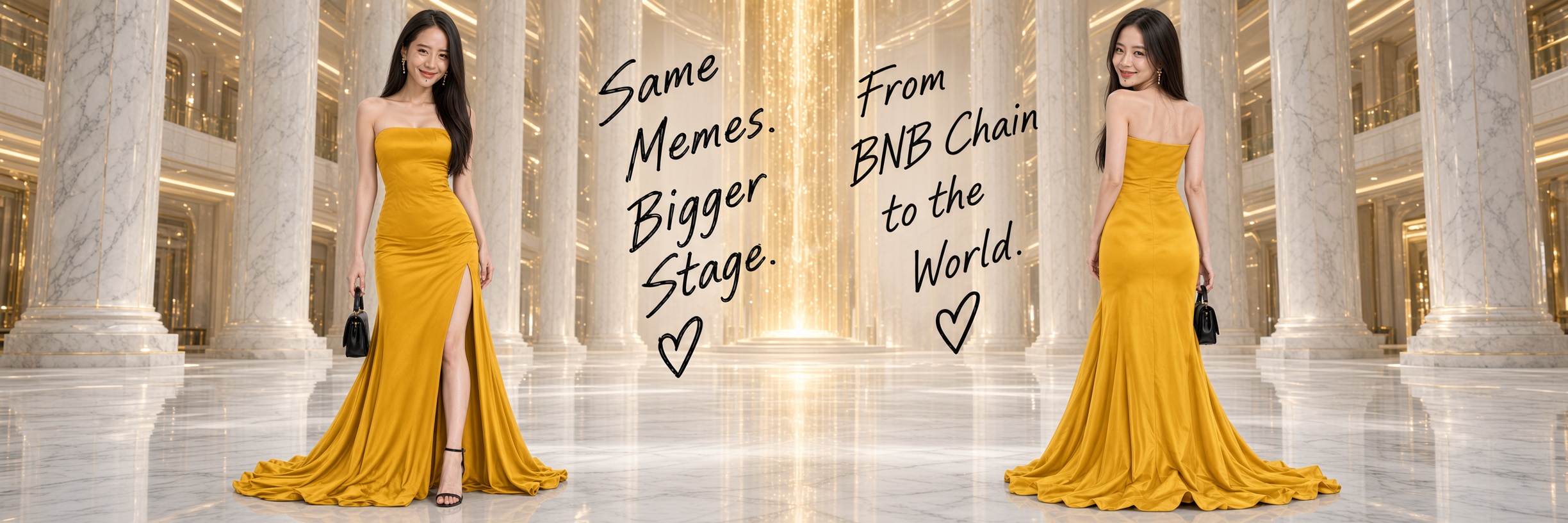 最火的礼服 ceremony banner — Same Memes. Bigger Stage. From BNB Chain to the World.